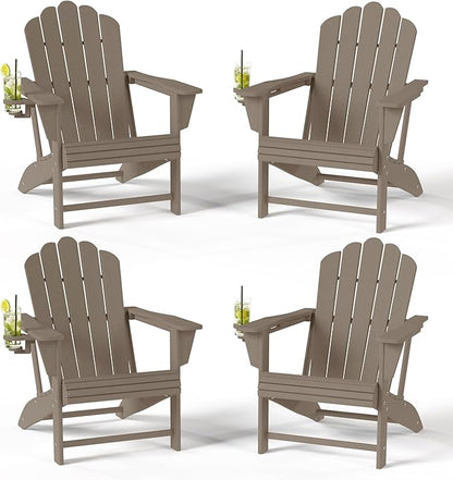Costaelm Lakeview Outdoor Patio HDPE Adirondack Chairs with Cup Holders (Set of 4), Weathered Wood