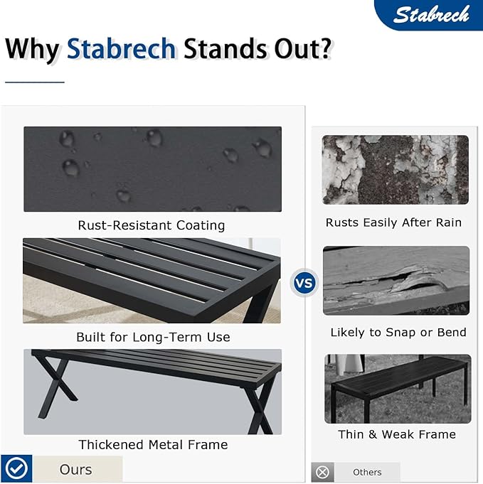 Metal Garden Bench for Outdoors, Black Outdoor Benches Slats for Patio, Patio Backless Bench with Cross Leg,Dining Bench for Porch, Lawn, Balcony, Backyard and Park