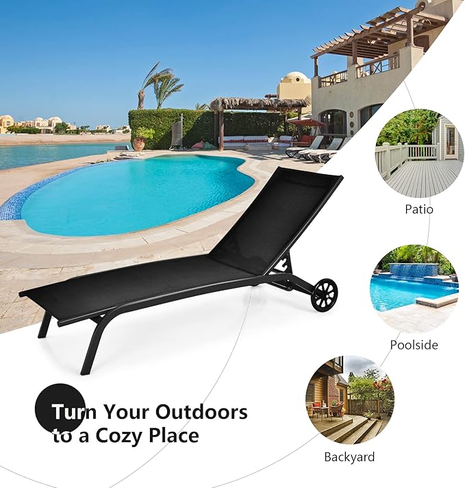 Tangkula Outdoor Chaise Lounge Chair, Patio Lounge Recliner with 6-Position Adjustable Backrest, Breathable Fabric and Smooth Wheels, Outdoor Lounge Chair (2, Black)