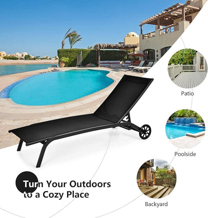 Tangkula Outdoor Chaise Lounge Chair, Patio Lounge Recliner with 6-Position Adjustable Backrest, Breathable Fabric and Smooth Wheels, Outdoor Lounge Chair (2, Black)
