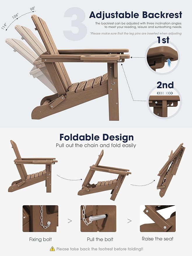 KINGYES Adjustable Folding Adirondack Chair with Footrest & 4-in-1 Multi-Functional Armrest Organizer Set of 2 - Photo 4