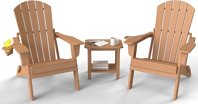 3-Piece Folding Adirondack Chair Set - 38" Extra Tall Back & Embossed Wood Grain - Photo 1