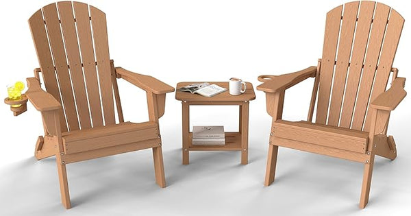 3-Piece Folding Adirondack Chair Set - 38" Extra Tall Back & Embossed Wood Grain - Photo 1