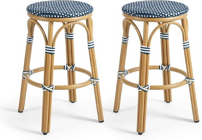 PURPLE LEAF Outdoor French Round 30" Bar Stool Set of 2 Oversized Backless Stackable Bar Chairs with Rattan Wicker - Photo 1