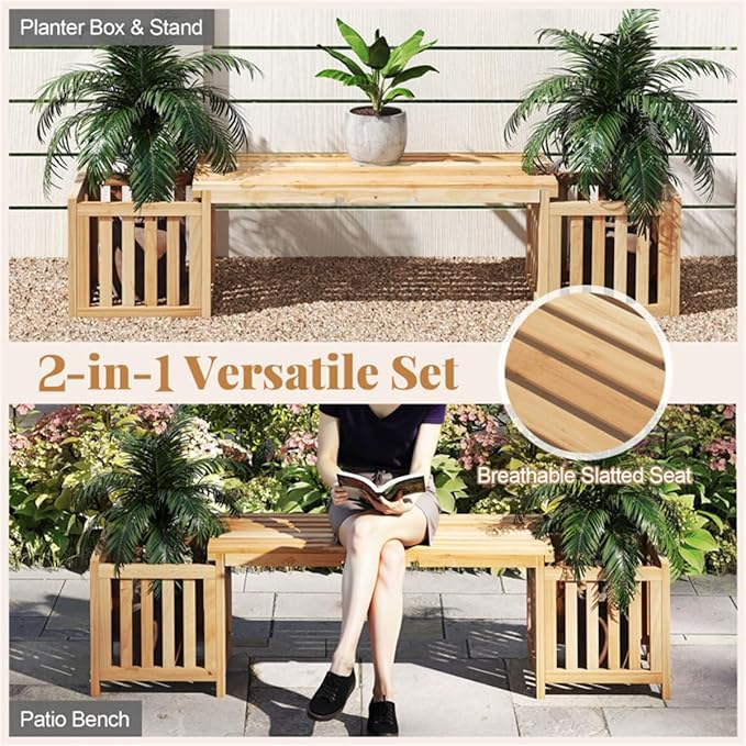 Wooden Garden Bench with Planter Boxes, Outdoor Patio Seat with Built-in Flower Pots, Rustic Elevated Planter Bench for Yard, Lawn, Backyard Seating & Gardening, Wooden Garden Benches with Planters