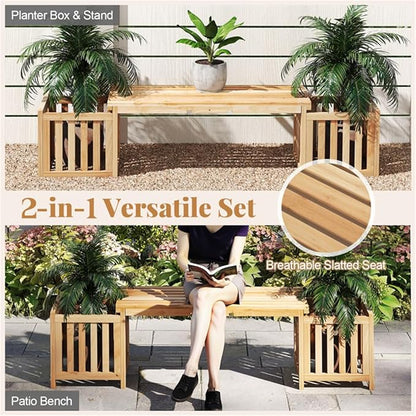 Wooden Garden Bench with Planter Boxes, Outdoor Patio Seat with Built-in Flower Pots, Rustic Elevated Planter Bench for Yard, Lawn, Backyard Seating & Gardening, Wooden Garden Benches with Planters