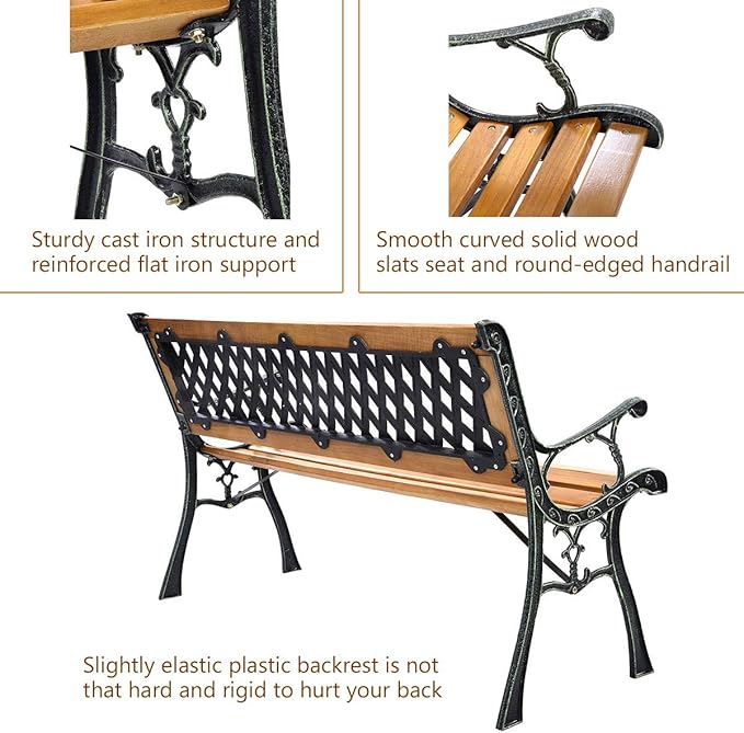Giantex 50'' Patio Bench, Outdoor Furniture Cast Iron Hardwood Frame Porch Loveseat, Weather Proof Porch Path Chair for 2 Person Outside Bench