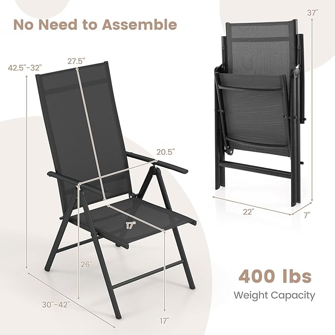 Giantex 2 Pack Folding Patio Chairs, High Back Outdoor Chairs with 7-Level Adjustable High Backrest, Portable Reclining Chairs for Lawn Porch Garden Poolside Camping, No Assembly, Black