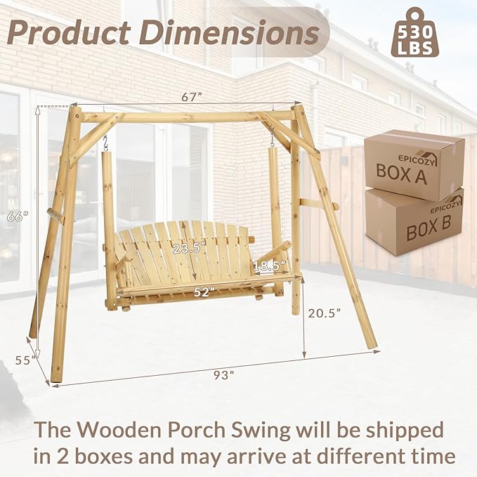 2-Seat Wooden Log Porch Swing With Stand, Rustic Hardwood Chair Bench, Curved Back, for Outside Yard, Garden, Deck - Photo 5