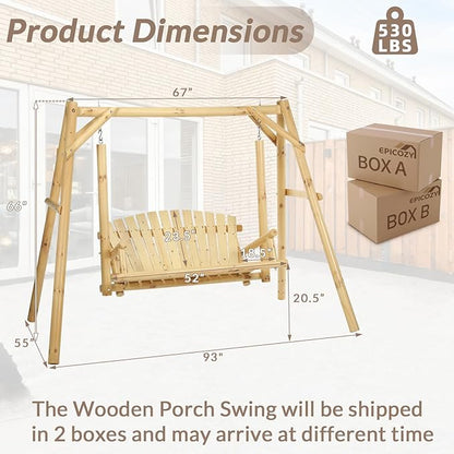 2-Seat Wooden Log Porch Swing With Stand, Rustic Hardwood Chair Bench, Curved Back, for Outside Yard, Garden, Deck, Poolside, Natural