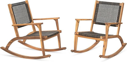 2 Piece Patio Rocking Chair Set, Acacia Wood Outdoor Rockers with PE Rattan Seat and Backrest, Comfortable Garden Porch Chairs for Backyard, Balcony and Poolside, Dark Brown