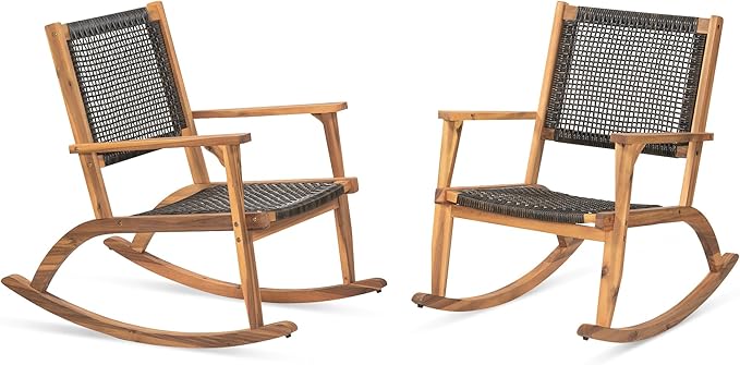 Outdoor Rocking Chair Set, Acacia Wood Patio Rockers with Wicker Rattan Seat & Backrest, Comfortable Garden Porch Chairs for Backyard, Balcony & Poolside, Dark Brown