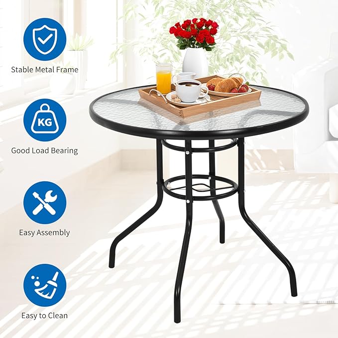 BSTOPHKL 32" Outdoor Patio Table with Umbrella Hole Round Outdoor Coffee Table Tempered Glass Top - Photo 4