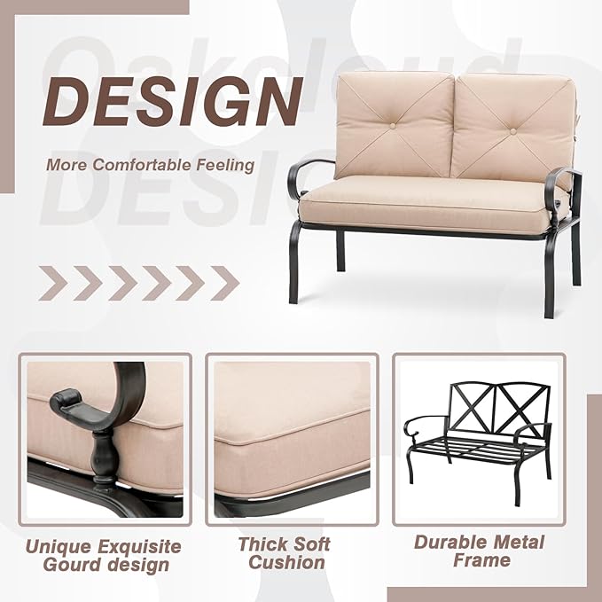Oakcloud Outdoor 2 Pcs Patio Loveseat Bench Metal Frame Furniture Set with Thick Cushions and Coffee Table, Wrought Iron Look (Brown)