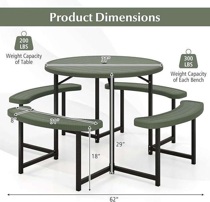 Giantex Picnic Table Bench Set for 4-8 Person, Round 37” Outdoor Dining Table w/Umbrella Hole, HDPE Tabletop - Photo 6