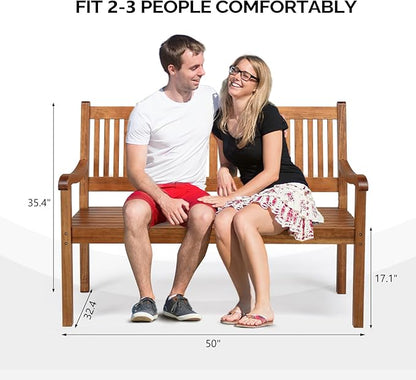 VINGLI 50" Outdoor Wood Bench, Weatehr Resistant Wooden Garden Patio Bench with Comfortable Backrest & Curved Armrest, 800lb Capacity Loveseat for Front Porch Park Yard Deck (Natural, Dense Slatted)