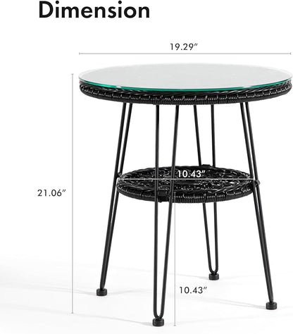 Furniture of America Ysar Boho 19-inch Round Coffee Table Outdoor with Tempered Glass Top and Metal Frame, Handcrafted Coastal Furniture for Patio, Poolside, Garden, Yard, Black