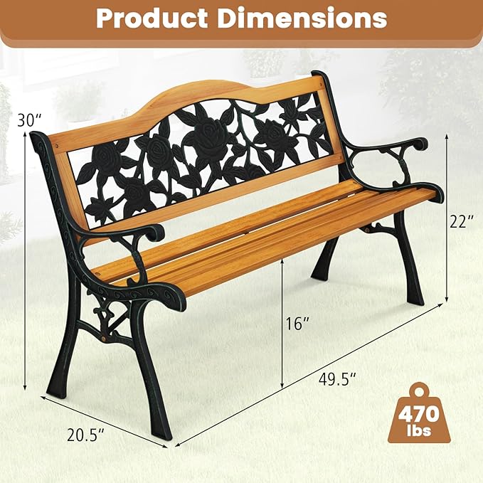 Tangkula Outdoor Garden Bench Park Bench, Patio Furniture Bench Chair with Cast Iron & Hardwood Structure - Photo 3