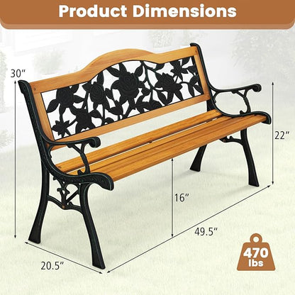 Tangkula Outdoor Garden Bench Park Bench, Patio Furniture Bench Chair with Cast Iron & Hardwood Structure, Weather Proof Porch Loveseat, Perfect for Backyard, Deck, Lawn, Poolside