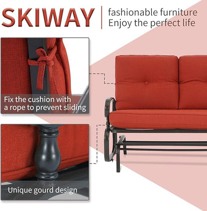 Outdoor Swing Glider Rocking Bench, Garden Loveseat Chair, Patio Steel Frame Chair Wrought Iron Look with Thick Cushion(Red)