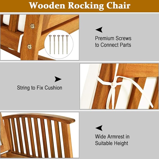 Tangkula 2 PCS Outdoor Acacia Wood Rocking Chair, Wooden Rocker w/Detachable Washable Cushions, Rocker for Porch Garden Patio Balcony Pool Indoor (2, Teak)