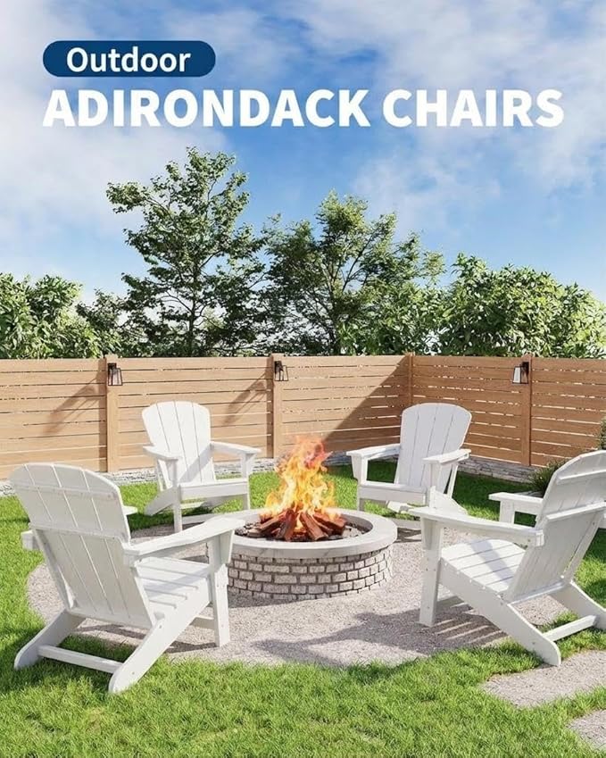 IDEALHOUSE Adirondack Chairs Set of 2, Fixed Non-Folding Design, HDPE Outdoor Chair, 380 LBS Weight Capacity, Wood Grain Texture Patio Lawn Garden Backyard Deck Poolside Furniture, White