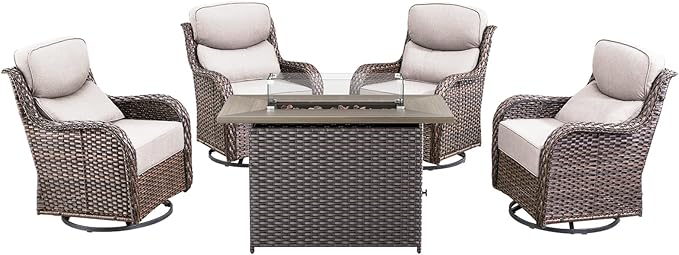Luxury High Back Patio Furniture Set with Fire Pit Table & 6-Inch Thick Cushions, 5-Pieces Outdoor Furniture w/ 4 Swivel Chairs, Wicker Conversation Set for Porch, Balcony, Deck and Yard, Brown/Beige