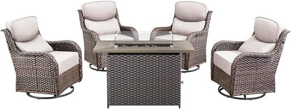 Luxury High Back Patio Furniture Set with Fire Pit Table & 6-Inch Thick Cushions, 5-Pieces Outdoor Furniture w/ 4 Swivel Chairs, Wicker Conversation Set for Porch, Balcony, Deck and Yard, Brown/Beige