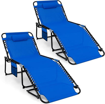 Goplus Chaise Lounge Chair Outdoor, Extra Large Folding 5-Postion Beach Bed with Detachable Pillow, Side Pocket, Adjustable Sunbathing Tanning Chair for Patio Lawn Pool Yard