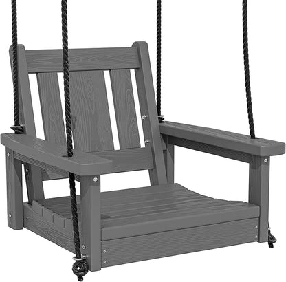 SERWALL HDPE Single Porch Swing, Heavy Duty Single Person Swing Chair with 2 Polypropylene Hanging Ropes, Adirondack Hanging Chair for Outdoor Front Porch Patio Garden Yard, Gray