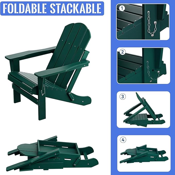 Folding Adirondack Chair, All-Weather Fire Pit Chairs, Oversized All Weather Resistant Outdoor Adirondack Chair for Firepit Area BBQ Beach Deck Garden Lawn Backyard Pool (Dark Green)