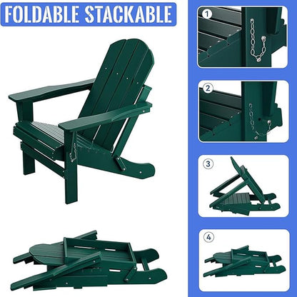 Folding Adirondack Chair, All-Weather Fire Pit Chairs, Oversized All Weather Resistant Outdoor Adirondack Chair for Firepit Area BBQ Beach Deck Garden Lawn Backyard Pool (Dark Green)