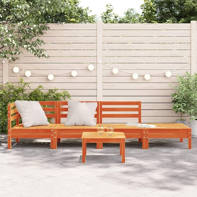 Four-Seater Garden Sofa, Modular Outdoor Patio Furniture in Waxed Brown Solid Pine Wood, Rustic Rectangular Seating Bench for Backyard, Lawn, and Terrace