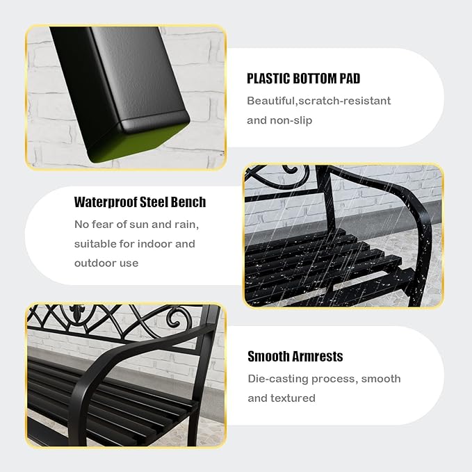 Metal Bench Patio Bench, Outdoor Benches Weatherproof with Floral Backrest, Wrought Iron Garden Benches for Outdoors, Patio, Garden, Park