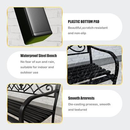 Metal Bench Patio Bench, Outdoor Benches Weatherproof with Floral Backrest, Wrought Iron Garden Benches for Outdoors, Patio, Garden, Park