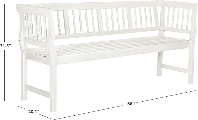 SAFAVIEH Outdoor Patio Furniture Collection – Brentwood Antique White Distressed Acacia Wood Bench with Silver Accents, Classic Outdoor Seating for Porch or Garden (PAT6732C)