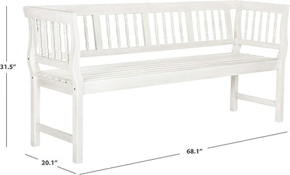 SAFAVIEH Outdoor Patio Furniture Collection – Brentwood Antique White Distressed Acacia Wood Bench with Silver Accents, Classic Outdoor Seating for Porch or Garden (PAT6732C)