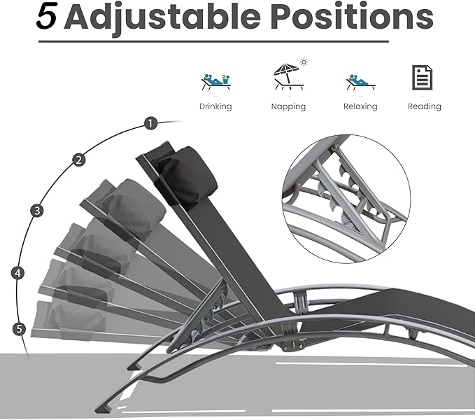 Domi Lounge Chair Set of 2, Aluminum Lounge Chairs for Outside with 5 Adjustable Positions, Chaise Lounge Outdoor for Pool, Garden, Beach, Camping, Backyard(Dark Gray)