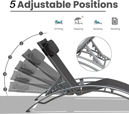 Domi Lounge Chair Set of 3, Aluminum Lounge Chairs for Outside with 5 Adjustable Positions, Chaise Lounge Outdoor for Pool, Garden, Beach, 2 Pool Chairs and 1 Side Table(Dark Gray)