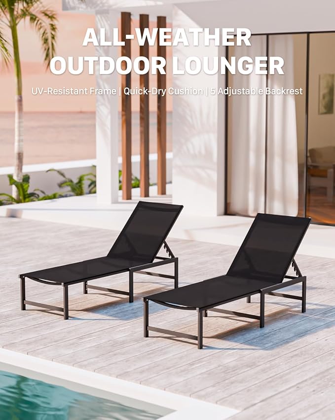 Chaise Lounge Chair Outdoor,Aluminum Patio Lounge Chairs Set of 2, Adjustable 5-Position Recliner and Full Flat Tanning Chair with Pillow for Pool, Outside,Beach,Black