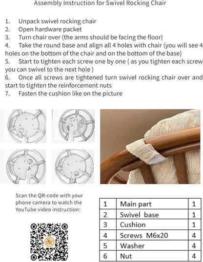 Wickerix Java Lounge Swivel Rocking Chair with Red Cushion Natural Rattan Wicker Handmade, White Color