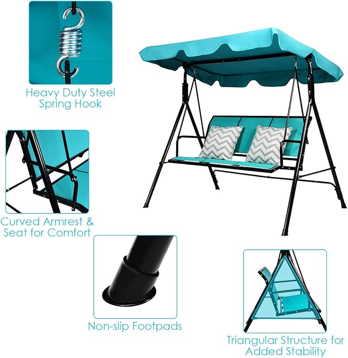 TANGKULA 3 Person Patio Swing, Steel Frame with Polyester Angle Adjustable Canopy, All Weather Resistant Swing Bench - Photo 7