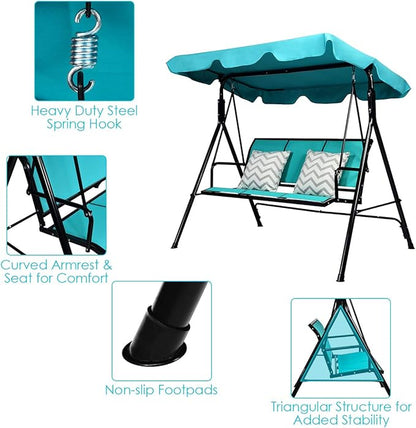 TANGKULA 3 Person Patio Swing, Steel Frame with Polyester Angle Adjustable Canopy, All Weather Resistant Swing Bench, Suitable for Patio, Garden, Poolside, Balcony (Turquoise)