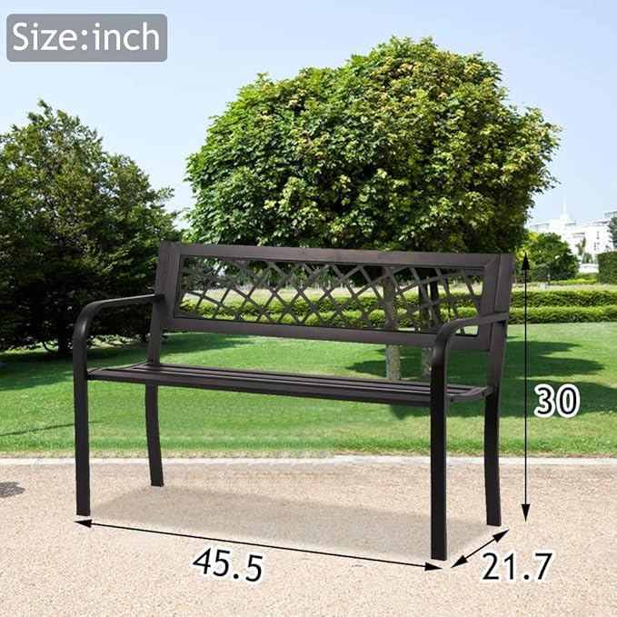 Garden Bench Metal Sturdy Cast Iron Porch Chair Seat Furniture with Armrests 480BLS Bearing Capacity for Park Yard Deck Entryway, 45.5"(L) x21.7(D) x30(H), Black
