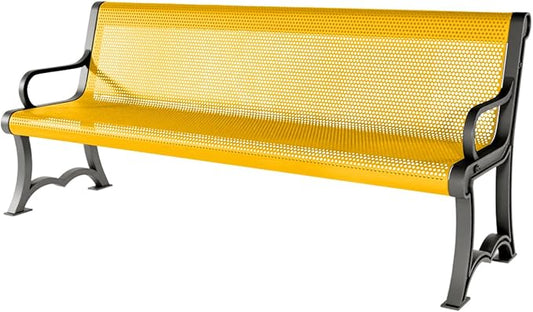 COATEDOUTDOORFURNITURE Coated Outdoor Furniture Heavy-Duty Outdoor Bench Thermoplastic Coated, Punched Steel, Commercial-Grade Garden Bench, Made in America (Portable with Back, 6 Ft, Yellow)