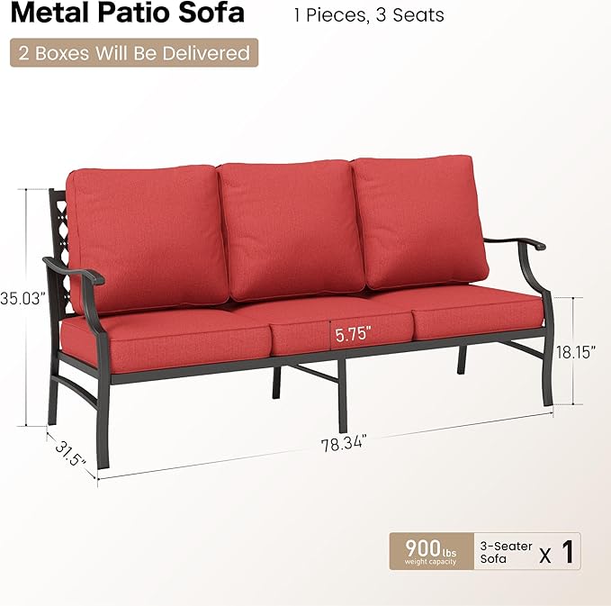 Metal Patio Furniture Sofa with 5.75" Extra Thick Waterproof Cushion, 3-Seater Deep Seat & High-Back Outdoor Couch All Weather Outdoor Seating for Backyard Deck Front Porch, Rust Red