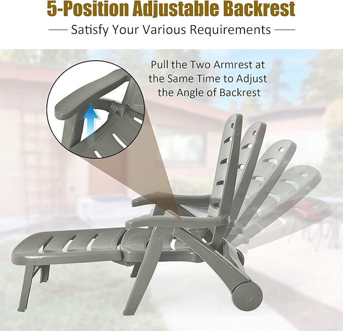 Tangkula Outdoor Chaise Lounge Chair, Adjustable 5-Position Recliner Chair with Built-in Wheels - Photo 5