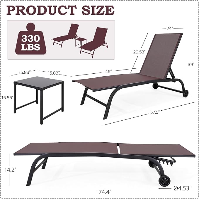 EROMMY Patio Chaise Lounge Chair Set of 2 with Table, Adjustable Backrest & Wheels, Oversized 26" W Outdoor Poolside Recliners for Garden, Deck, Lawn, Backyard