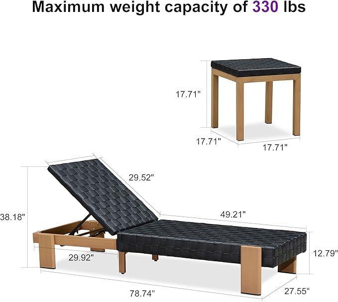 PURPLE LEAF Patio Lounge Chair Modern Outdoor PU Leather Style Chaise Lounge 1 Piece with Side Table Adjustable - Photo 2
