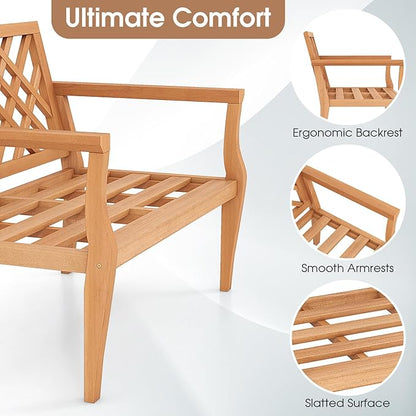 Tangkula Outdoor Garden Bench, 2-Person Teak Wood Bench with Comfy Armrests and Backrest, Slatted Seating Area, 800 LBS Weight Capacity, Patio Wood Loveseat Chair for Porch, Backyard, Park, Natural